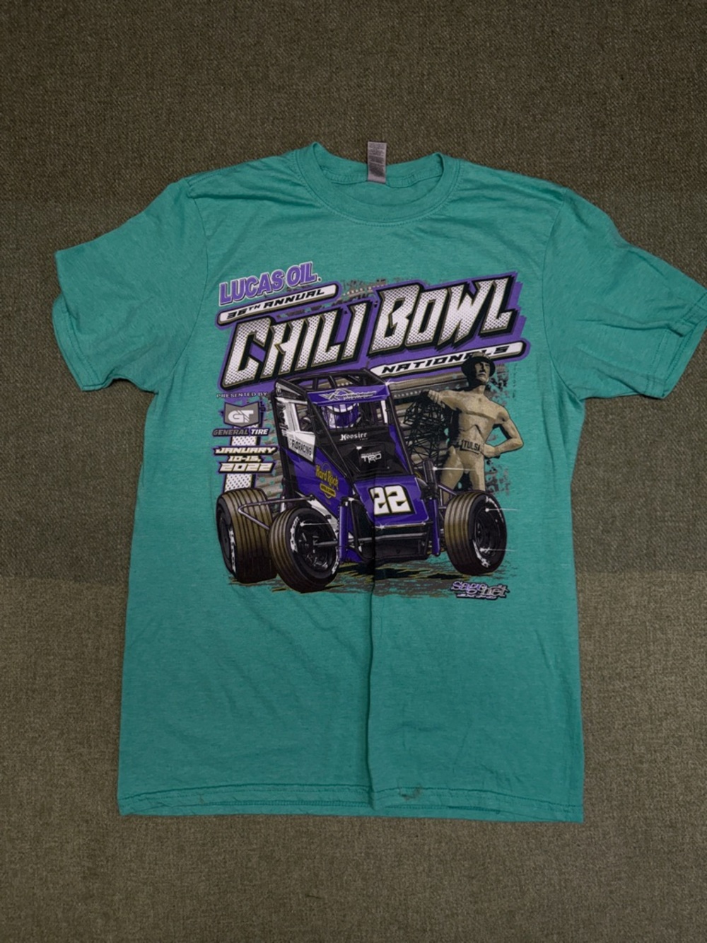Gildan Teal Graphic Racing Tee with Purple Accents